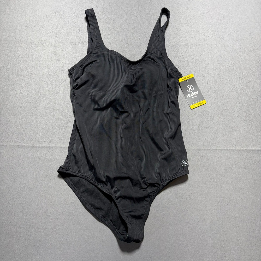 Hurley Womens Ribbed One Piece Swimsuit Black UPF 50+ Padded HSO1028 Medium